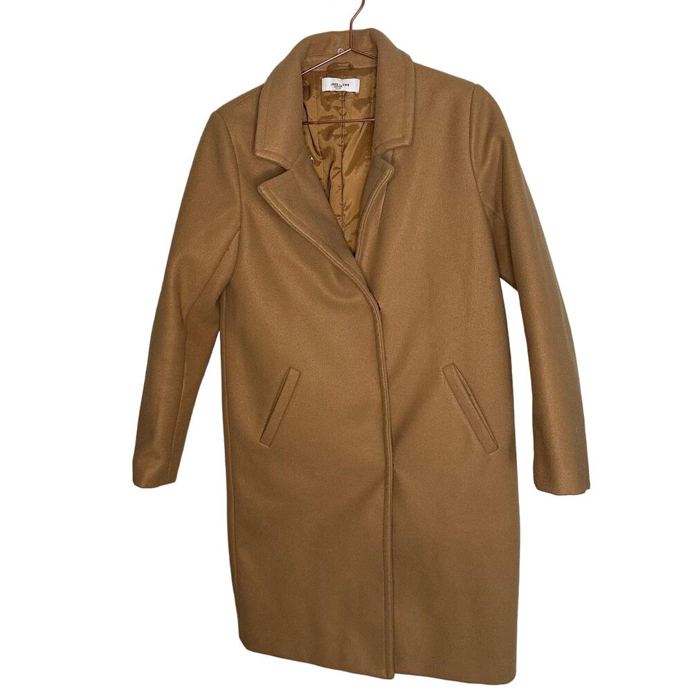 John + Jenn Griffen Camel Woven Tan Exposed Front Snap Closure Coat size Medium